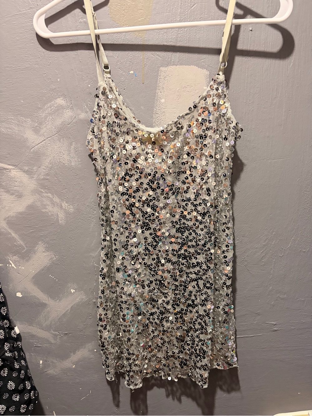 Silver Sequin Mini Slip Dress with Spaghetti Straps